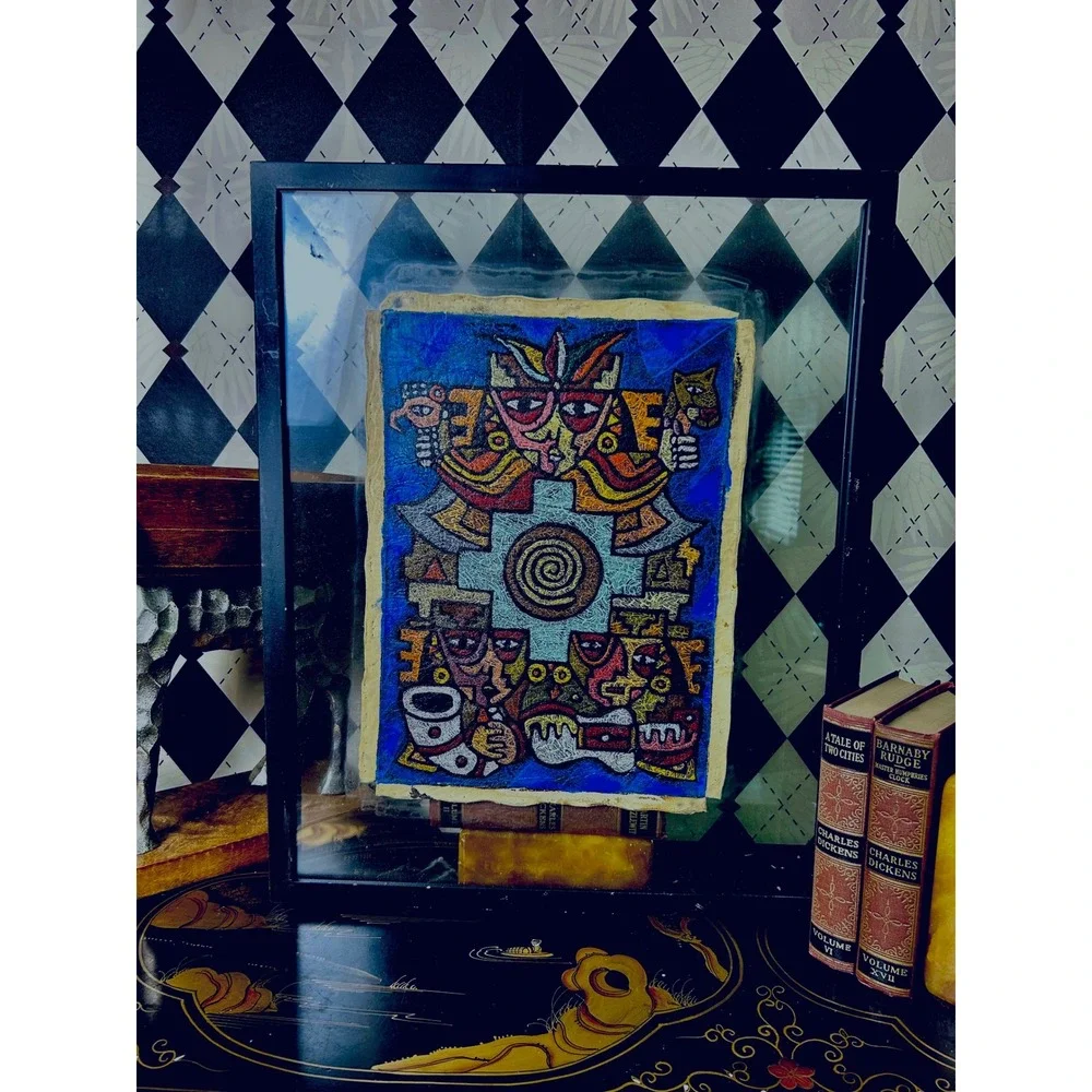 Peruvian Leather Folk Art Framed‎ Paracas Nazca Style Cusco Painting 21x17
